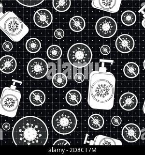 vector seamless pattern of viruses and disinfection with viruses that are killed, on white-black background like squared paper with green lines and do Stock Vector