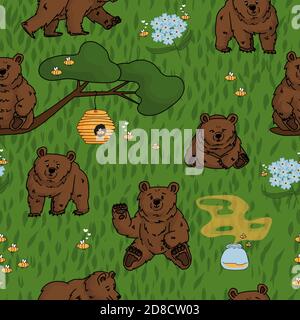 Seamless repeat pattern of hand drawn bear that walks and sits, honey, forget me nots, beehive, smell of honey, tree, branch and bees Stock Vector