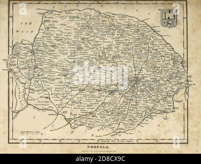 Ancient 19th Century map of Norfolk a county in East Anglia in England. Copperplate engraving From the Encyclopaedia Londinensis or, Universal dictionary of arts, sciences, and literature; Volume XVII;  Edited by Wilkes, John. Published in London in 1820 Stock Photo