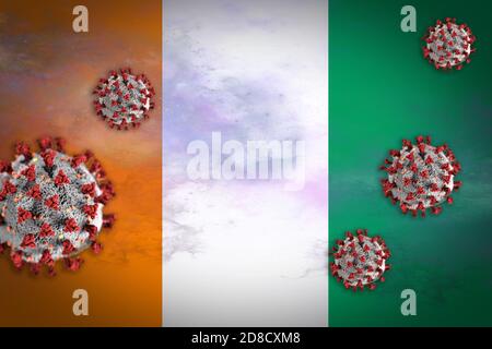 Concept illustration of Coronavirus or Covid-19 particles overshadowing flag of Ivory Coast symbolising outbreak. Stock Photo