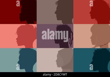 Collage community society diversity multiethnic people. Group side silhouette men and women of diverse culture and different countries. Harmony friend Stock Vector
