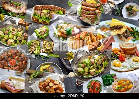 Collage of many popular all over the world breakfasts, lunches and snacks. Collage of different assortment of food. Stock Photo