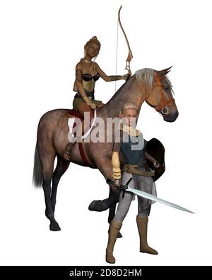 3D Illustration portrait of two fantasy elven warrior women isolated on white background Stock Photo