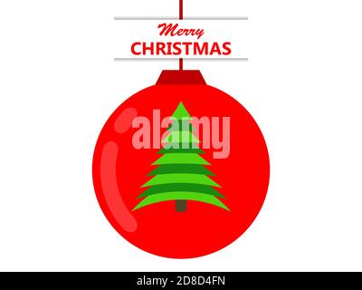Merry Christmas. Hanging red Christmas ball with fir tree on a white background. Festive design for greeting cards and banner. Vector illustration Stock Vector