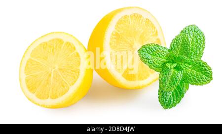 Group of lemons with mint leaves isolated on white background. Lemon fruit close up Stock Photo