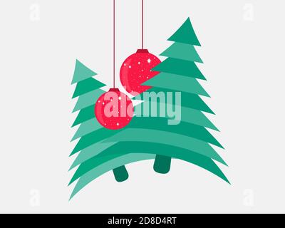 Two Christmas trees and hanging red Christmas balls on white bakcground. Green and red color. Festive design for greeting cards and poster. Vector ill Stock Vector