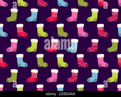 Christmas Stocking seamless pattern. Festive background with Christmas socks for greeting cards, wrapping paper, banners and posters. Vector illustrat Stock Vector