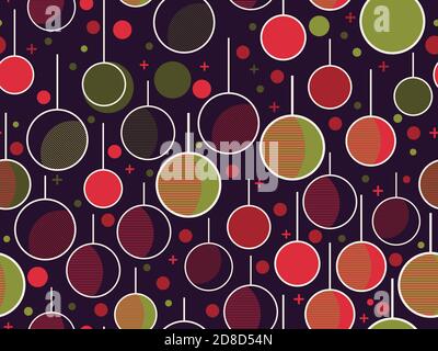 Christmas ball ornaments seamless pattern in 80s style, geometric shapes, dots and circles. Great for brochures, promotional material, wrapping paper Stock Vector