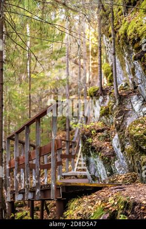 iron old staircase up in the autumn forest Stock Photo