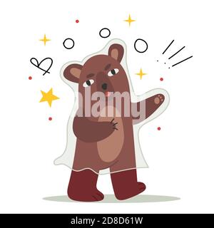 Teddy bear scares everyone in a Halloween ghost costume. Autumn mood. Simple illustration. Illustration for children's book. Cute Poster. Stock Vector