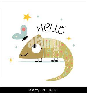 Cute gecko says "Hello" to a butterfly. Funny picture in a simple style. Illustration for children's book. Cute Poster. Stock Vector