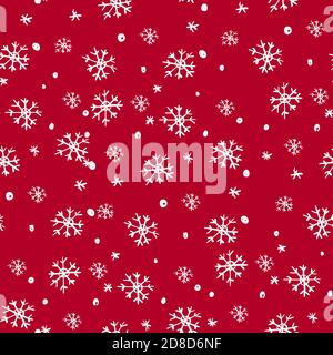 Simple geometric repeating pattern with red hand-drawn snowflakes. Seamless abstract pattern with shapes. Vector illustration Stock Vector