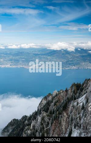 view from Le Grammont over Lake Geneva and Riviera Montreux Stock Photo