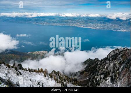 view from Le Grammont over Lake Geneva and Riviera Montreux Stock Photo