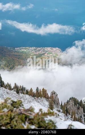 view from Le Grammont over Lake Geneva and St-Gingolph Stock Photo