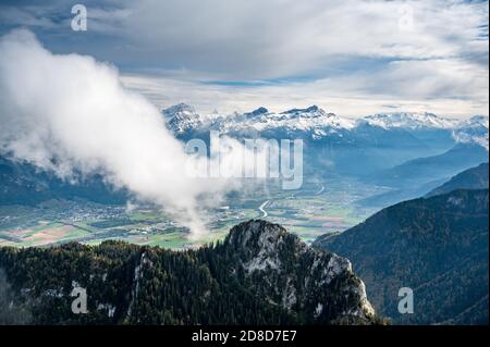Panorama with Southern Rhone Valley including Aigle and the peaks of Mouveran and Dent de Morcles Stock Photo