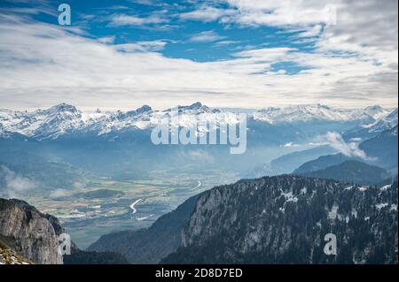 Panorama with Southern Rhone Valley including Aigle and the peaks of Mouveran and Dent de Morcles Stock Photo