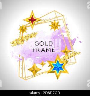 Abstract frame vector celebration background with pink watercolor golden stars and place for text. Stock Vector