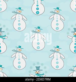 Happy snowman seamless vector pattern background. Fun snowmen dressed in blue hats and scarves on cloud textured pastel backdrop. Hand drawn geometric Stock Vector