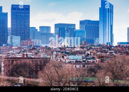 Boston downtown panorama view from Longfellow Bridge with Sacred Cod and skyscrapers, Massachusetts, USA Stock Photo