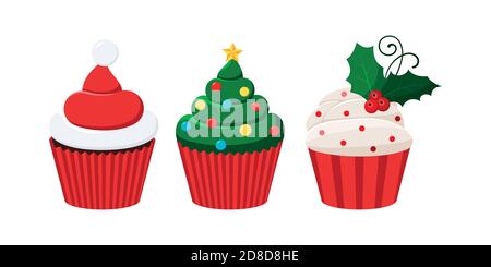 Christmas cupcakes set - cute winter sweets food set Stock Vector