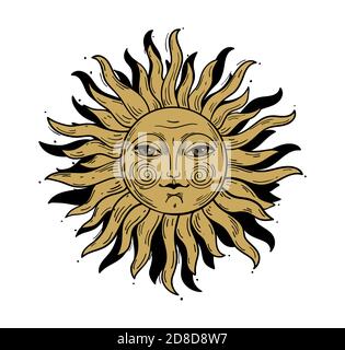 Modern pattern in vintage style, the sun with a face, engraving. Stock Vector