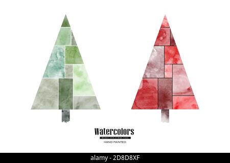 Set of Christmas trees green and red beautiful watercolor hand painted for creating greeting cards. Art minimal style elements isolated on a white bac Stock Vector