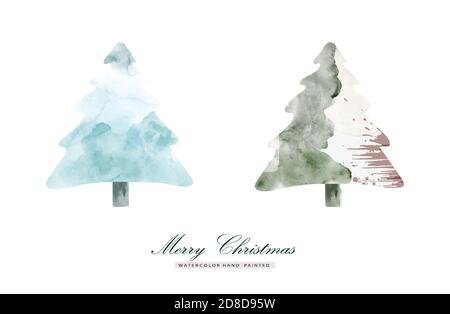Set of Christmas trees stain watercolor hand painted for creating greeting cards. Art minimal style elements isolated on a white background for your d Stock Vector