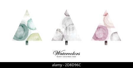 Set of Christmas trees cute circle watercolor hand painted for creating greeting cards. Art minimal style elements isolated on a white background for Stock Vector
