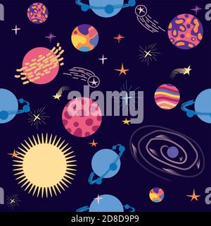 Seamless space pattern. Planets, rockets and stars. Cartoon spaceship icons. Kid's elements for scrap-booking. Stock Vector