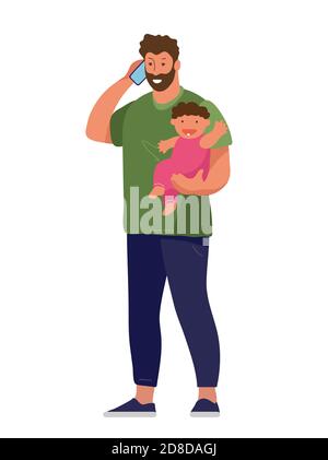 A man works from home at the computer, holds the child, calls on the phone. The concept of freelance, remote work, family and work. Flat cartoon vector illustration Stock Vector