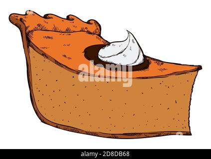 Colored design in hand drawn style of a delicious pie slice with cream, isolated over white background. Stock Vector