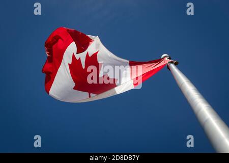 A Canadian flag pictured in Ottawa, Ontario on Saturday, September 12, 2020. Stock Photo