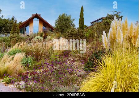 Hilltop lodge RHS Hyde Hall. Autumn dry garden Royal Horticultural Society, Essex. Stock Photo