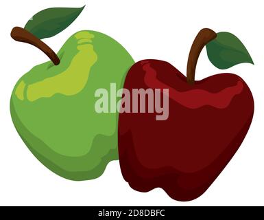 Red and green apples with peduncle and leaves, isolated over white background. Stock Vector
