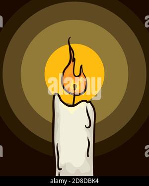 Lighted candle of wax in cartoon style, illuminating a dark background. Stock Vector
