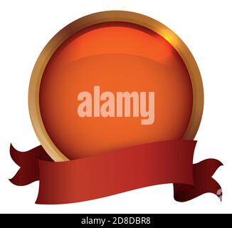 Empty template with orange button, golden frame and red ribbon, isolated over white background. Stock Vector