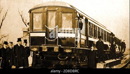 1903 - Electricity replaces steam on the Metropolitan underground and overground London train lines. Official photograph of the  first of the new trains built by Brush Traction. Two prototype trains were tested in 1903,  and soon after electric multiple units were ordered to replace the steam locomotives and carriages. By the end of 1905 all passenger services were using electric rather than steam trains. In 1923 steel cars were bought to replace some of the early wooden units and by 1926 all wooden carriages had been replaced. Stock Photo