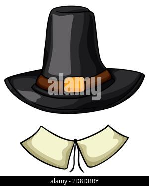 Colonial pilgrim costume with traditional dark hat with belt, buckle and collar with cord. Stock Vector