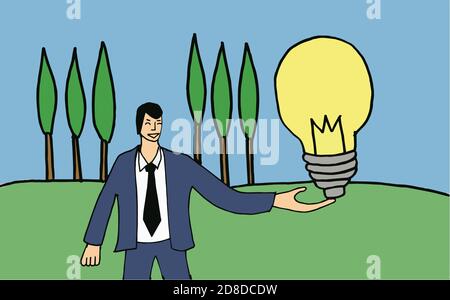 Happy businessman holding light bulb representing an idea in a landscape. Stock Vector