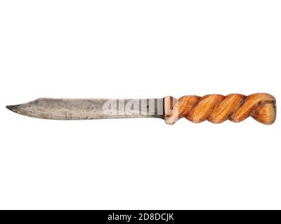 Old rust kitchen knife isolated on white background, wood carving handle, used and dirty Stock Photo