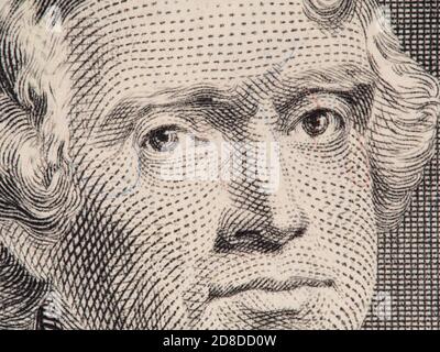 Thomas Jefferson face on us two dollar bill closeup macro, united states money Stock Photo