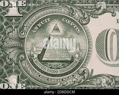 Reverse of US one dollar bill closeup macro, 1 usd banknote, great seal, united states money Stock Photo