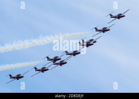 The Snowbirds perform over Kingston, Ontario on Friday, May 8, 2020. Stock Photo