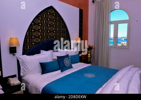 Hotel room in Morocco. Moroccan furniture and Moroccan engraving Stock Photo