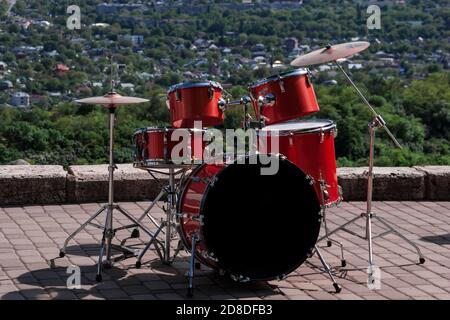 Red drum set on the mountain viewing platform Stock Photo