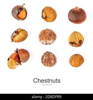 Creative layout made of roasted Chestnuts isolated on white background. Chestnuts Pattern for Christmas Stock Photo