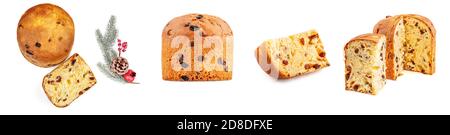 Set of Christmas cake  isolated on white background. Panettone or Fruit Festive  cake Top view. Stock Photo
