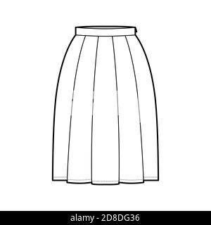 Skirt box pleat technical fashion illustration with below-the-knee ...
