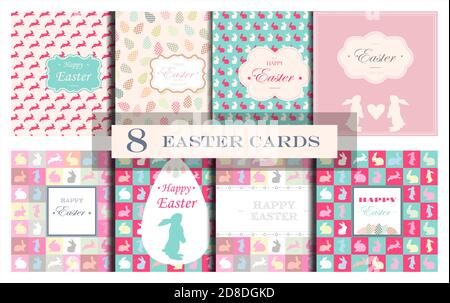 Set of Easter cards with silhouettes of rabbits. Cute flat cards for Christian holiday greetings. Large set for Easter discounts, advertising. Illustrations for a website, app, brochure, or flyer. Easter holiday cards with rabbit bunny silhouettes in soft pastel colors.